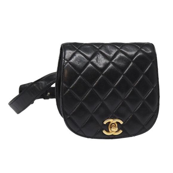 CHANEL Matelasse Turn Lock Waist Bag Leather Black Gold CC - Picture 1 of 16